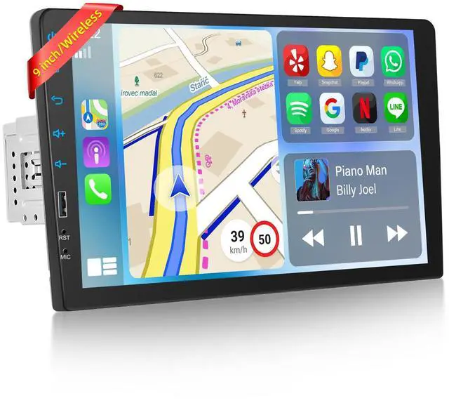 Main image of 9 inch Wireless CarPlay Single Din Car Stereo 1 Din Touch Screen Car Play Android Auto Radio with Mirror Link/1080P/EQ Audio/SWC/Bluetooth/ 7 Collor Buttons +Backup Camera