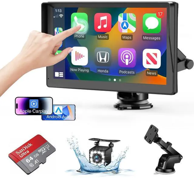 Main image of Portable Wireless Carplay Screen for Car Apple Carplay & Android Auto, 9" HD Touch Screen Car Stereo with 1080P Backup Camera/GPS Navigation/Mirror Link/Voice Control/Aux/TF Card Fits Cars