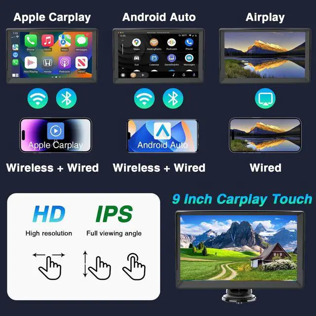 Alt view image 2 of 7 - Portable Wireless Carplay Screen for Car Apple Carplay & Android Auto, 9" HD Touch Screen Car Stereo with 1080P Backup Camera/GPS Navigation/Mirror Link/Voice Control/Aux/TF Card Fits Cars