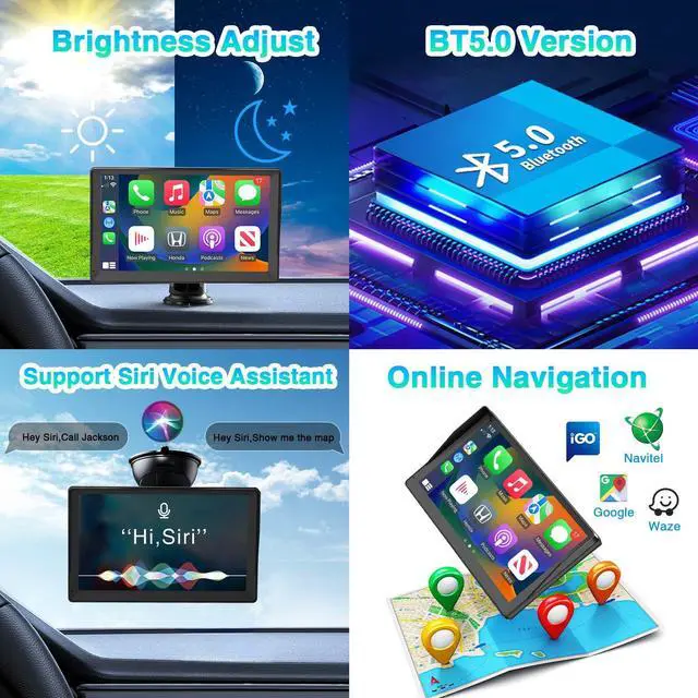 Alt view image 4 of 7 - Portable Wireless Carplay Screen for Car Apple Carplay & Android Auto, 9" HD Touch Screen Car Stereo with 1080P Backup Camera/GPS Navigation/Mirror Link/Voice Control/Aux/TF Card Fits Cars