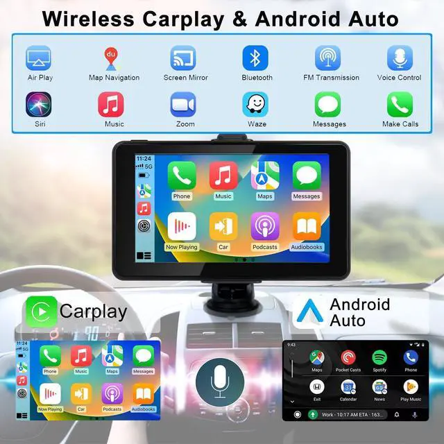 Alt view image 4 of 7 - 7" HD Apple CarPlay & Android Auto Screen for Car | Portable Touchscreen Screen Naivgation Car Stereo, with CarPlay Bluetooth, Mirror Link, Siri, Hands-Free Calling, AirPlay, FM/AUX & Voice Assistant