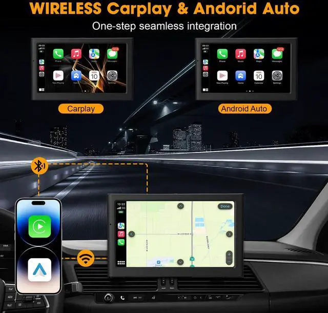 Alt view image 2 of 7 - 7'' Wireless CarPlay Screen for Car, Portable Apple Car Play & Android Auto, Car Stereo HD Touchscreen, 5.8G WiFi, Voice Control, GPS Navigation, Siri & Mirror Link, for All Vehicles