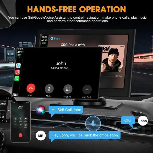 Alt view image 3 of 7 - 7'' Wireless CarPlay Screen for Car, Portable Apple Car Play & Android Auto, Car Stereo HD Touchscreen, 5.8G WiFi, Voice Control, GPS Navigation, Siri & Mirror Link, for All Vehicles