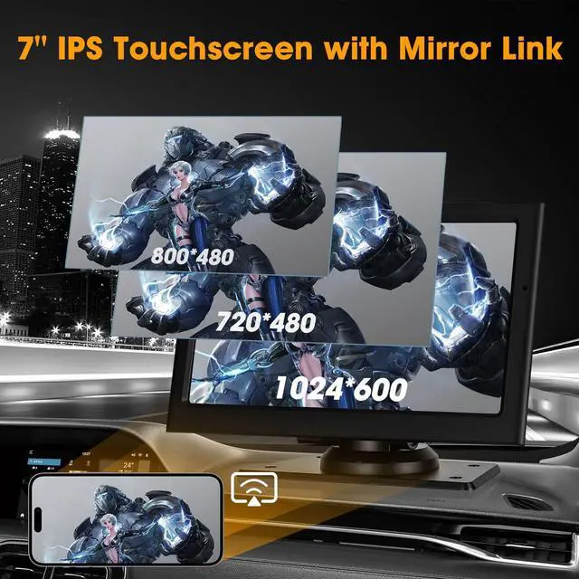 Alt view image 6 of 7 - 7'' Wireless CarPlay Screen for Car, Portable Apple Car Play & Android Auto, Car Stereo HD Touchscreen, 5.8G WiFi, Voice Control, GPS Navigation, Siri & Mirror Link, for All Vehicles
