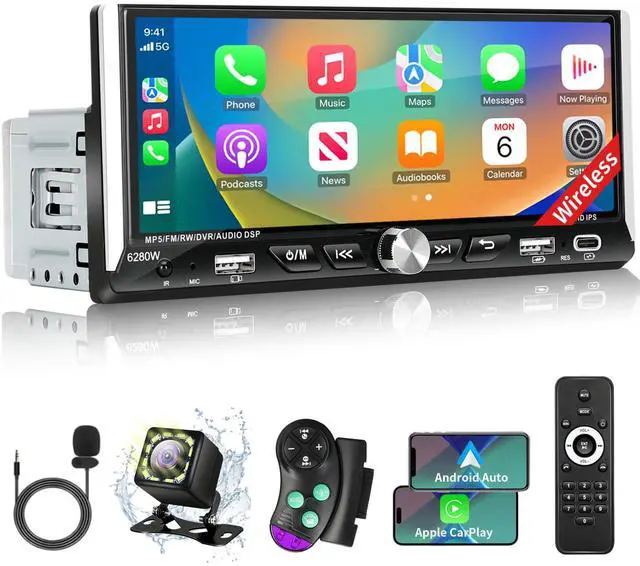 Main image of Single Din Car Stereo with Wireless Apple Carplay Android Auto, 6.9" IPS Touchscreen Car Stereo with Bluetooth 5.2 Handsfree Mirror Link Backup Camera GPS Navigation Dual USB Fast Charge FM AM EQ SWC