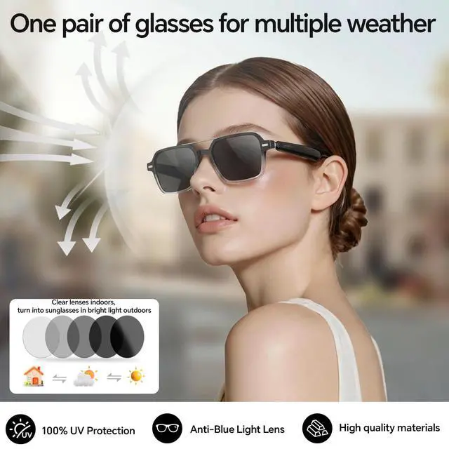Alt view image 2 of 7 - Smart Glasses for Men & Women, Aviator Bluetooth Glasses 165 Languages Translation with Photochromic Lens, AI Glasses for Meeting Analysis, Music, Hands-Free Calls, UV & Blue Light Protection