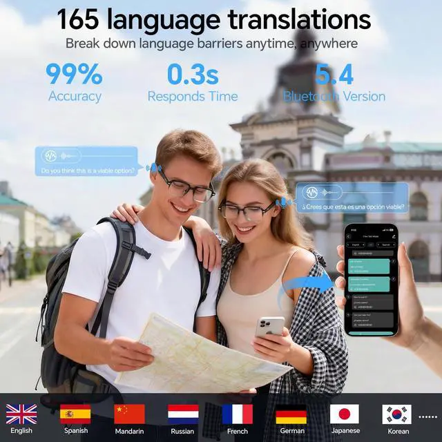 Alt view image 7 of 7 - Smart Glasses for Men & Women, Aviator Bluetooth Glasses 165 Languages Translation with Photochromic Lens, AI Glasses for Meeting Analysis, Music, Hands-Free Calls, UV & Blue Light Protection