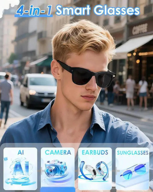 Alt view image 2 of 7 - 4-in-1 AI Smart Glasses, 800W HD Camera Glasses, 1080P Video Recording Glasses, Built-in ChatGPT AI Voice Assistant, Real-time Translation, Open Ear Headphones for Outdoors, Driving & Vlogging