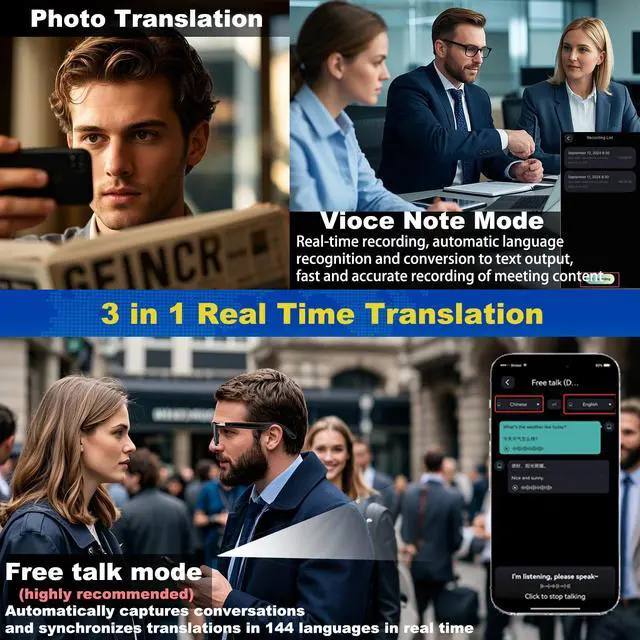 Alt view image 3 of 7 - Ai Translation Smart Glasses with Chat GPT Bluetooth for Men Women with 164 Language Color-Change Lens Clear Headphone with Speaker Sunglasses, Travel Meeting Trade Business