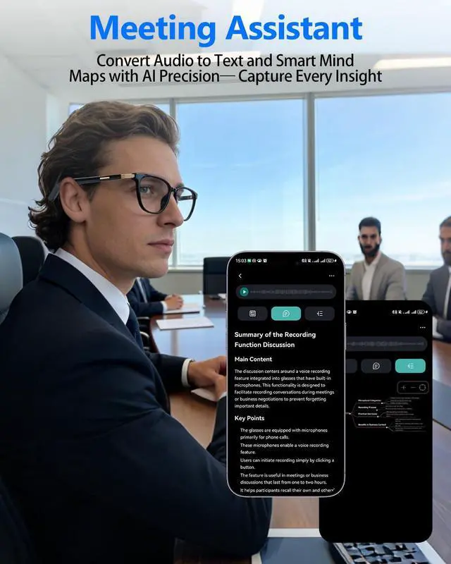 Alt view image 5 of 7 - Al Smart Glasses for Men Women - Bluetooth Translation Glasses with 164 Languages, Color-Change Lens, Music &Calls w/ Bluetooth 5.4, Al Vioce &Meeting Assistant, Lightweight&Comfortable Thin Temples