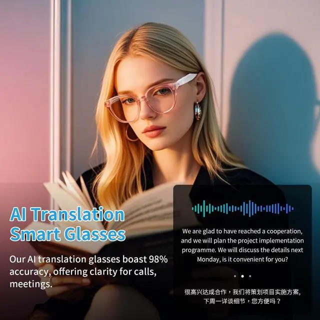 Alt view image 7 of 7 - Smart Glasses for Women, AI Translation Bluetooth Glasses, Real-Time Translator, Open Ear Blue Light Filtering Lenses, Supports 165+ Languages, language translator for Traveling Learning(Clear)