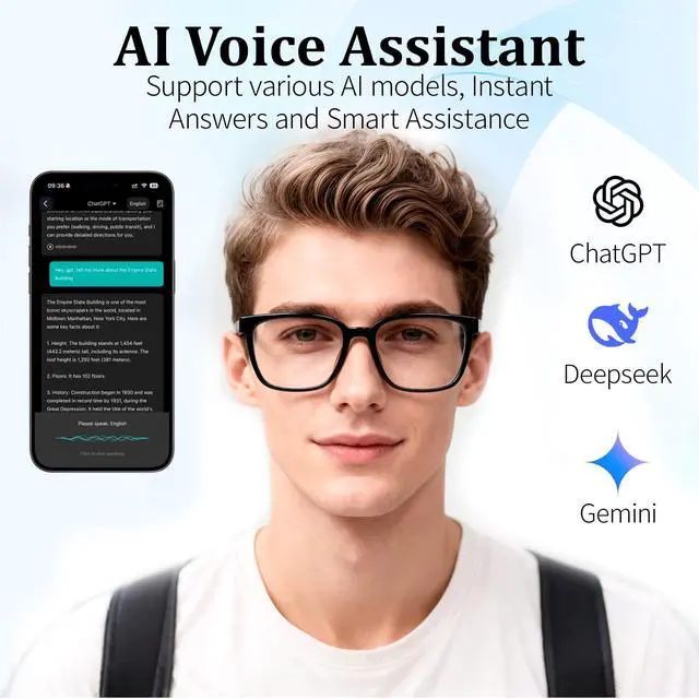 Alt view image 2 of 7 - AI Smart Glasses with Real-Time Translation & Voice Assistant Bluetooth Sunglasses with Noise-Cancelling Calls, Music, Touch Control, Photochromic Lenses, UV & Blue Light Protection-Black