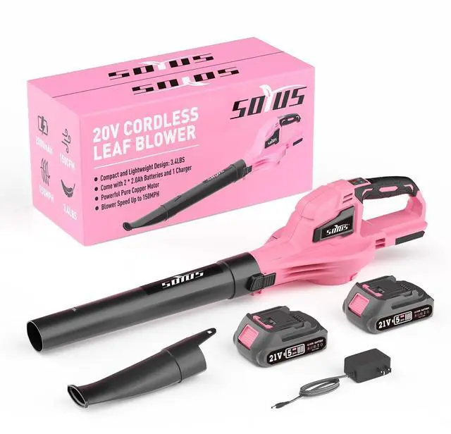 Main image of Leaf Blower, 20V Leaf Blower Cordless with 2x2.0Ah Battery and Charger, 150 MPH Electric Leaf Blowers with Two-Speed Mode, Blowers for Lawn Care, Debris Dust CleaningPink