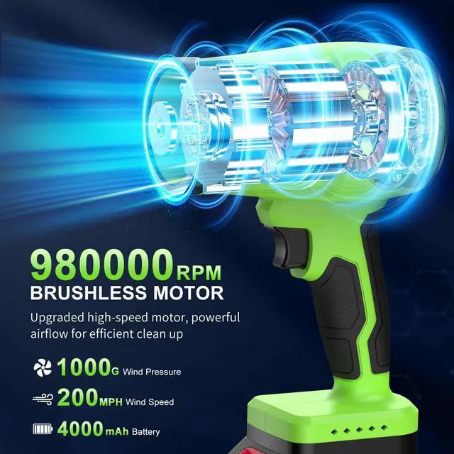 Alt view image 2 of 7 - Brushless Leaf Blower Cordless, 980,000RPM, with 2 Batteries and Charger, Adjustable Speed, Lightweight, Handheld Electric Turbo Jet Blower Portable for Patio Cleaning, Lawn Care, Yard, Leaves, Dust