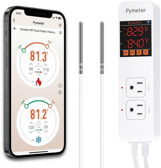 Main image of WiFi Temperature Controller with Dual Probes, Smart Digital Thermostat with Two Outlets for Reptile Heat Mat, Greenhouse Seedlings, Homebrew Fermentation, Cooling Fan, Remote App Control