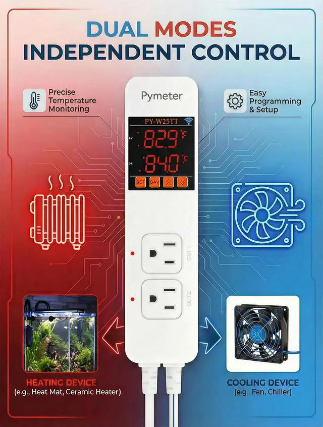 Alt view image 3 of 7 - WiFi Temperature Controller with Dual Probes, Smart Digital Thermostat with Two Outlets for Reptile Heat Mat, Greenhouse Seedlings, Homebrew Fermentation, Cooling Fan, Remote App Control