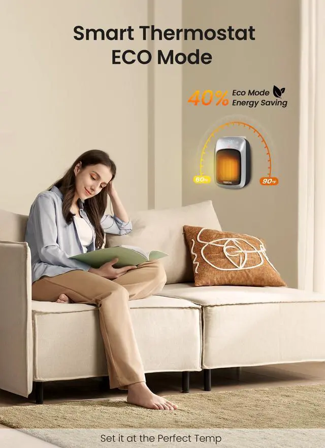 Alt view image 4 of 7 - Plug In Space Heater for Indoor Use, 800W Small Wall Outlet Heater with Remote and Thermostat, LED Display, 12H Timer, Overheat Protection for Bathroom Bedroom Office Home