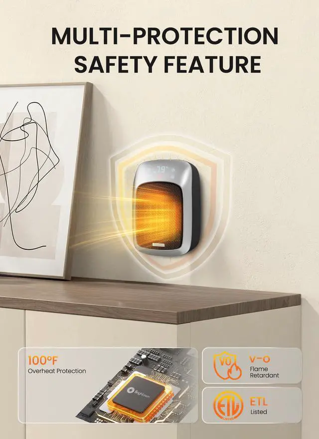 Alt view image 6 of 7 - Plug In Space Heater for Indoor Use, 800W Small Wall Outlet Heater with Remote and Thermostat, LED Display, 12H Timer, Overheat Protection for Bathroom Bedroom Office Home