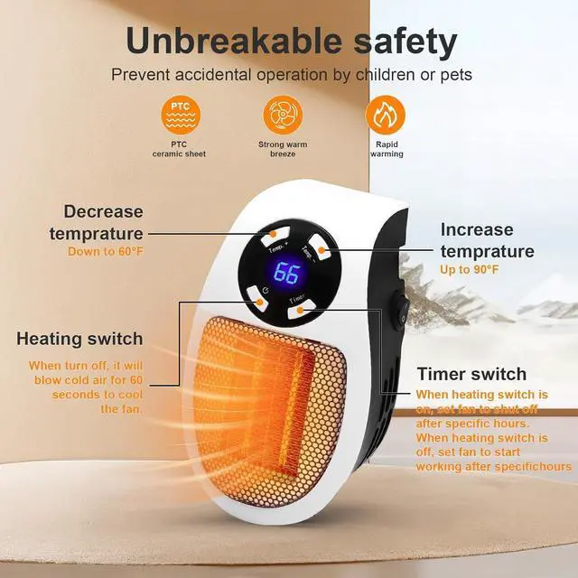 Alt view image 6 of 7 - Upgrade Smart Plug in Wall Space Heater,450W Programmable Portable Electric Small Safe Heater,Adjustable Thermostat Timer,Overheat Protection,LED Display (White-Smart)