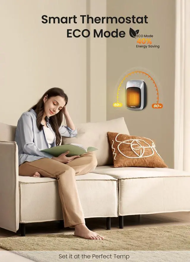 Alt view image 3 of 7 - Plug in Wall Space Heater With Remote, 800W Small Outlet Heater With Adjustable Thermostat, Memory Function, 12H Timer, LED Display for RV, Home Office, Bathroom Indoor Use