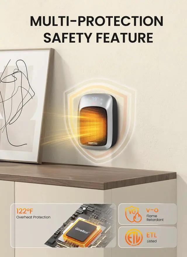 Alt view image 4 of 7 - Plug in Wall Space Heater With Remote, 800W Small Outlet Heater With Adjustable Thermostat, Memory Function, 12H Timer, LED Display for RV, Home Office, Bathroom Indoor Use