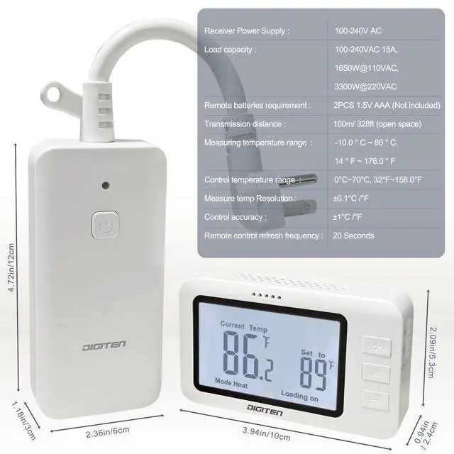 Alt view image 2 of 7 - Wireless Thermostat Outlet Temperature Controlled Outlet with Power Cord for Heating and Cooling, Remote Control Plug in Thermostat 1800w for Space Heater, Fan, AC