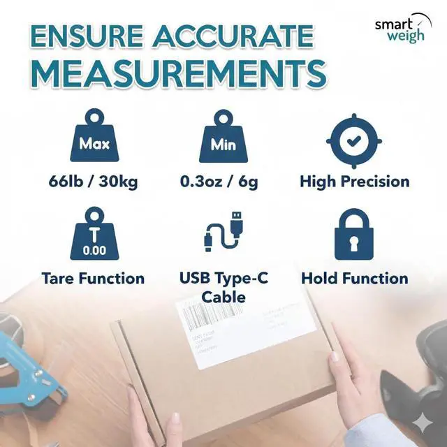 Alt view image 5 of 7 - Digital Postal Shipping Scale, 66 lb Capacity, 0.3 oz Readability, Hold & Tare Function, High-Accuracy Scale, Includes Batteries & USB-C