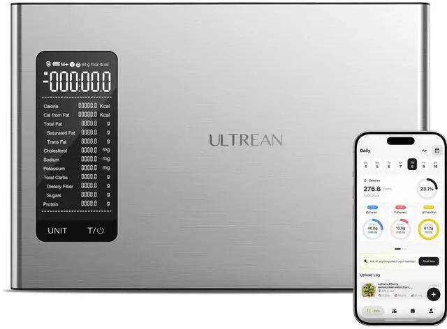 Main image of Smart Food Kitchen Scale with Nutritional Calculator, Free APP for Calorie & Macro Tracking, AI Powered, Goal Progress, Digital Calorie Scale for Weight Loss, Stainless Steel, 22lb