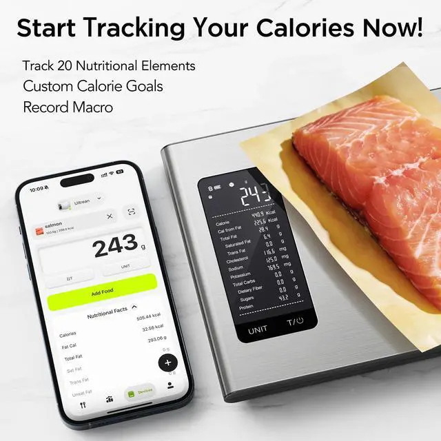 Alt view image 2 of 7 - Smart Food Kitchen Scale with Nutritional Calculator, Free APP for Calorie & Macro Tracking, AI Powered, Goal Progress, Digital Calorie Scale for Weight Loss, Stainless Steel, 22lb