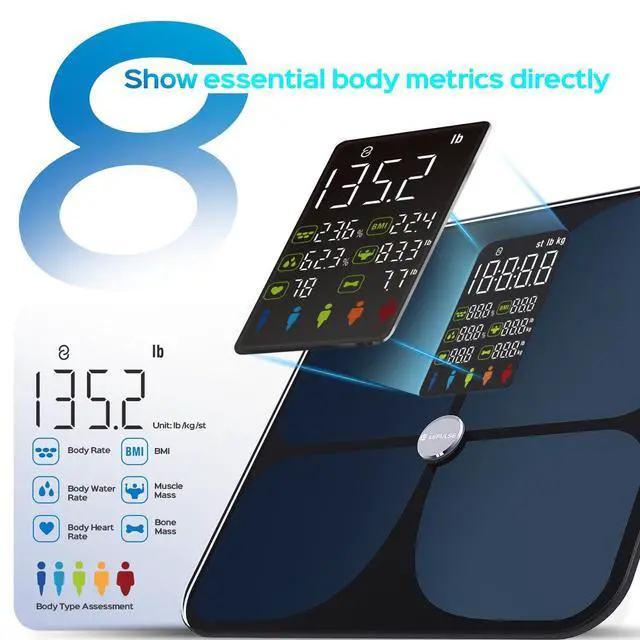Alt view image 3 of 7 - Scale for Body Weight, Smart Digital Bathroom Weight Scale with BMI Muscle Mass 20 Body Composition Metrics,4.68"Large Display Body Fat Scales, Heart Rate, Accurate Bluetooth Weighing with App