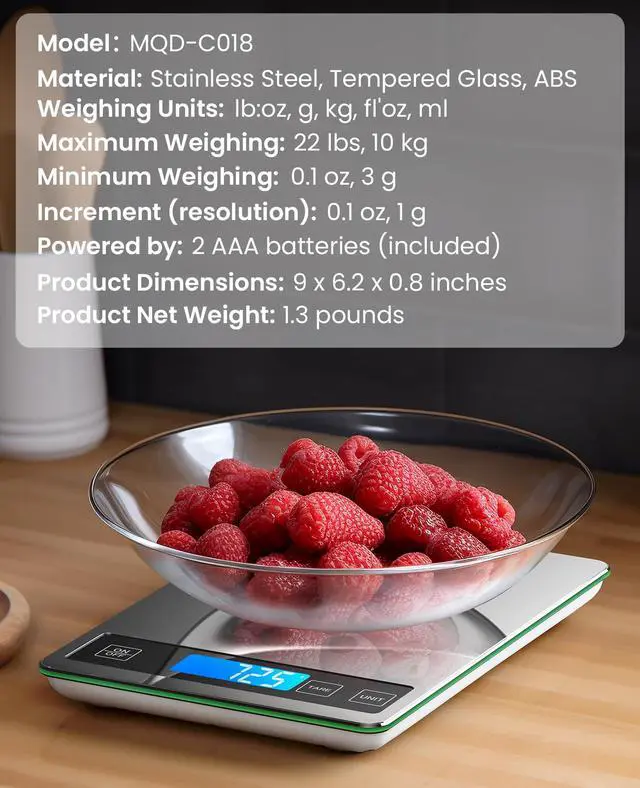 Alt view image 7 of 7 - Food Scale, 22lb Digital Kitchen Stainless Steel Scale Weight Grams and oz for Cooking Baking, 1g/0.1oz Precise Graduation,Tempered Glass