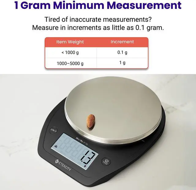 Alt view image 2 of 6 - 0.1g Food Scale, Bowl, Digital Grams and Ounces for Weight Loss, Dieting, Baking, Cooking, and Meal Prep, 11lb/5kg, Stainless Steel Black