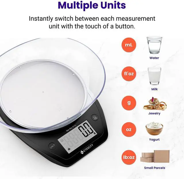 Alt view image 5 of 6 - 0.1g Food Scale, Bowl, Digital Grams and Ounces for Weight Loss, Dieting, Baking, Cooking, and Meal Prep, 11lb/5kg, Stainless Steel Black