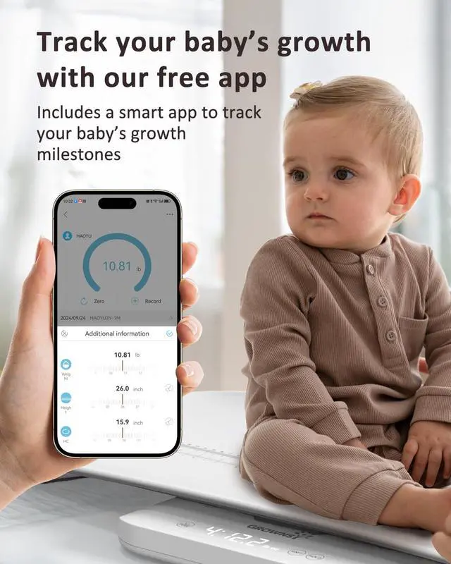 Alt view image 2 of 7 - Smart Baby/Pet Scale,Digital Baby Weight Scale with App for Tracking Growth of Infant, Toddler,Puppy,and CatSupports Up to 330 lbs, with Hold Function, 27-inch Height Measurement,5 Units
