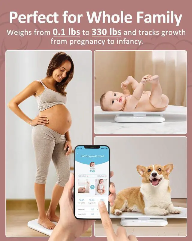 Alt view image 3 of 7 - Smart Baby/Pet Scale,Digital Baby Weight Scale with App for Tracking Growth of Infant, Toddler,Puppy,and CatSupports Up to 330 lbs, with Hold Function, 27-inch Height Measurement,5 Units