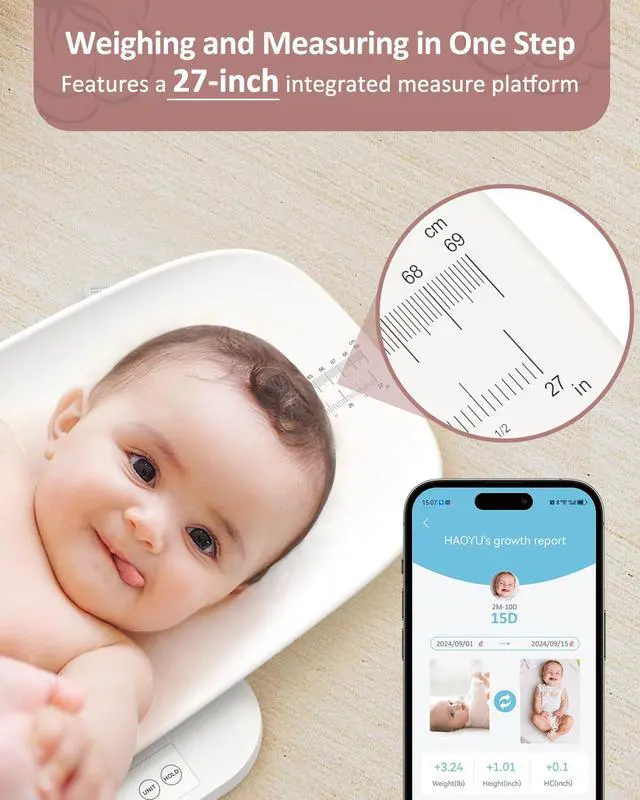 Alt view image 5 of 7 - Smart Baby/Pet Scale,Digital Baby Weight Scale with App for Tracking Growth of Infant, Toddler,Puppy,and CatSupports Up to 330 lbs, with Hold Function, 27-inch Height Measurement,5 Units