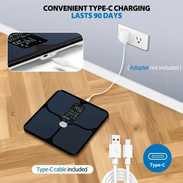 Alt view image 2 of 7 - Body Fat Scale,Digital Smart Bathroom Scale for Body Weight, Large Color Display Screen, 16 Body Composition Metrics BMI, Water Weigh, Heart Rate, Baby Mode, 400lb, Rechargeable