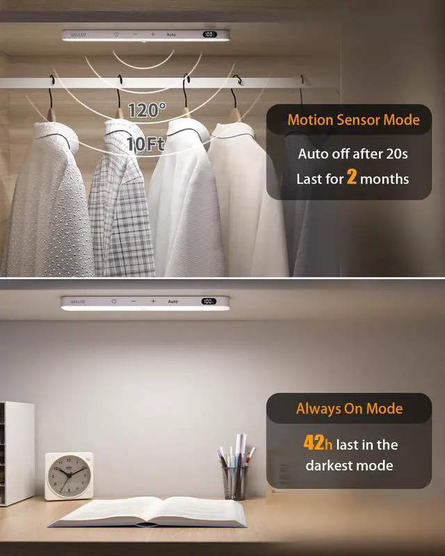 Alt view image 4 of 6 - Under Cabinet Lights Rechargeable, Battery Display, 60 LED Touch Light Bar, Motion Sensor Light Indoor, Battery Operated Closet Light Wireless, Stick on Under Counter Lights for Kitchen(2 Pack)