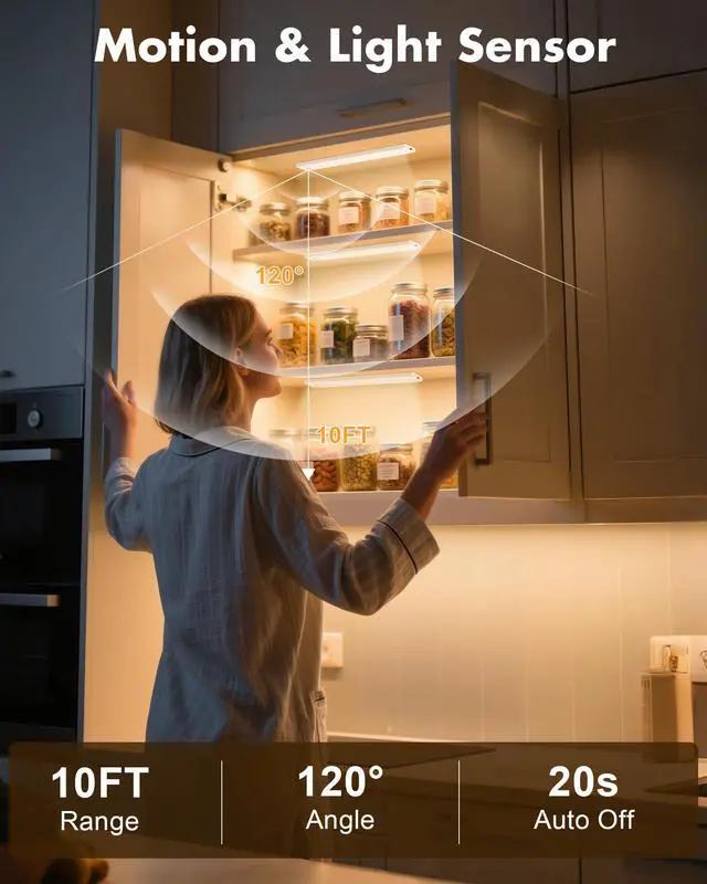 Alt view image 2 of 7 - 6 Pack Under Cabinet Lighting, 3 Color Temps Motion Sensor Light Indoor, Rechargeable Battery Operated Lights, Wireless Magnetic Light Bar for Kitchen Counter Closet Stair Shelf Display