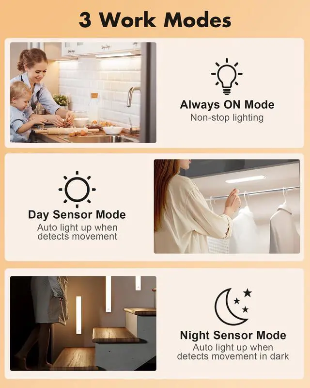 Alt view image 4 of 7 - 6 Pack Under Cabinet Lighting, 3 Color Temps Motion Sensor Light Indoor, Rechargeable Battery Operated Lights, Wireless Magnetic Light Bar for Kitchen Counter Closet Stair Shelf Display
