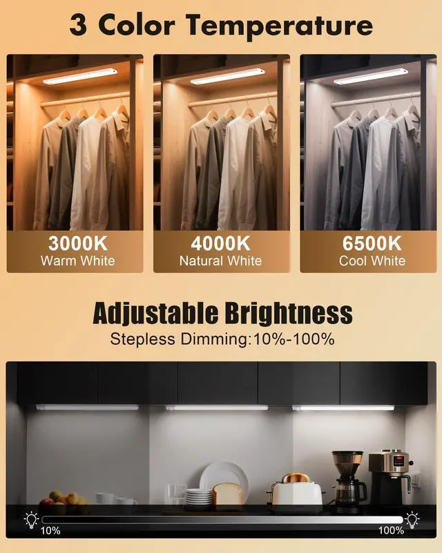 Alt view image 3 of 7 - 6 Pack Under Cabinet Lighting, 3 Color Temps Motion Sensor Light Indoor, Rechargeable Battery Operated Lights, Wireless Magnetic Light Bar for Kitchen Counter Closet Stair Shelf Display