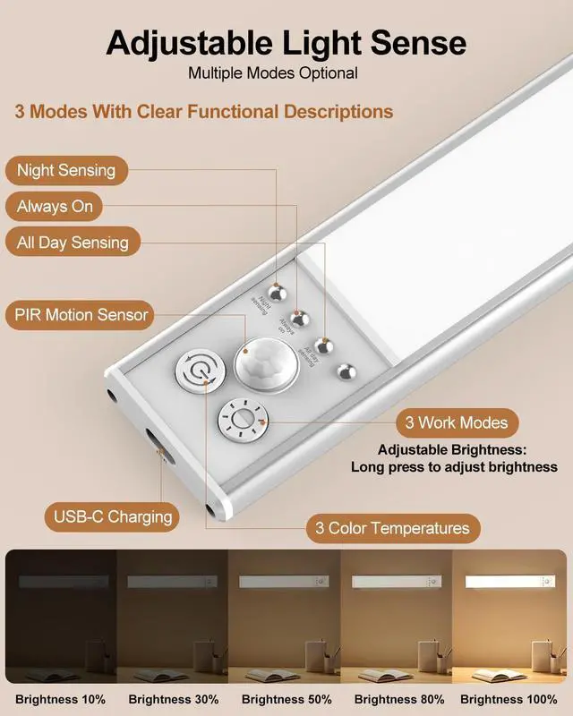 Alt view image 4 of 7 - LED Under Cabinet Lighting | 2000mAh Motion Sensor Under Counter Lights for Kitchen | USB Rechargeable Cabinet Lighting Wireless Dimmable Night Light for Closet Wardrobe Cupboard Stairs, 2 Pack