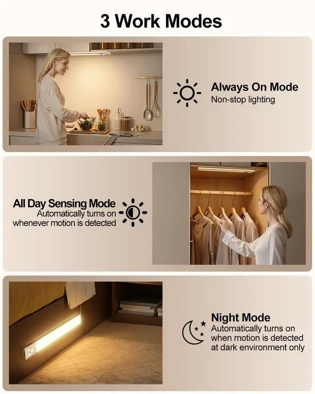 Alt view image 7 of 7 - LED Under Cabinet Lighting | 2000mAh Motion Sensor Under Counter Lights for Kitchen | USB Rechargeable Cabinet Lighting Wireless Dimmable Night Light for Closet Wardrobe Cupboard Stairs, 2 Pack