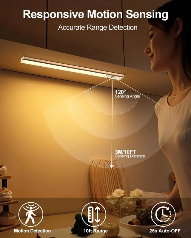 Alt view image 6 of 7 - LED Under Cabinet Lighting | 2000mAh Motion Sensor Under Counter Lights for Kitchen | USB Rechargeable Cabinet Lighting Wireless Dimmable Night Light for Closet Wardrobe Cupboard Stairs, 2 Pack