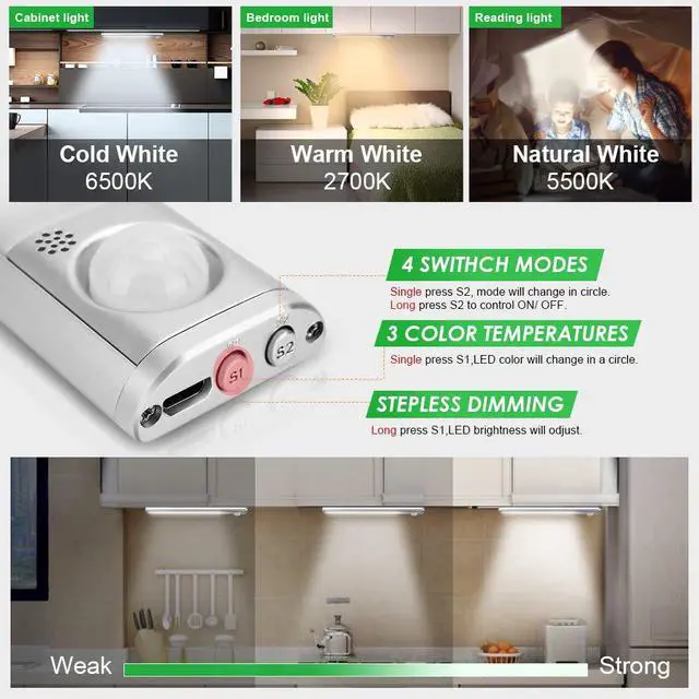 Alt view image 3 of 7 - 160 LED Closet Lights Motion Sensor Under Cabinet Lights Indoor Lighting 3000mAh Battery Powered Light Bar Dimmable Rechargeable Closet Light for Kitchen, Wardrobe, Stairs(2 Pack)