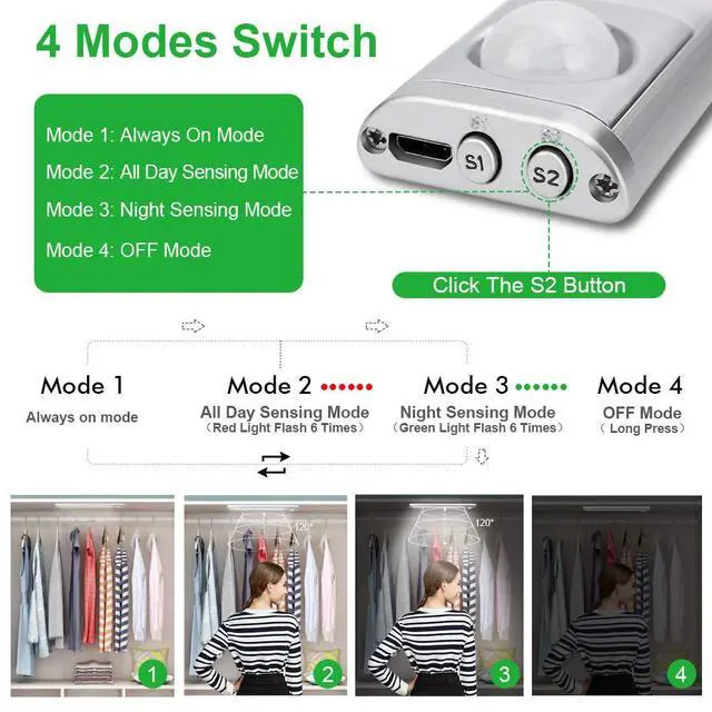 Alt view image 4 of 7 - 160 LED Closet Lights Motion Sensor Under Cabinet Lights Indoor Lighting 3000mAh Battery Powered Light Bar Dimmable Rechargeable Closet Light for Kitchen, Wardrobe, Stairs(2 Pack)