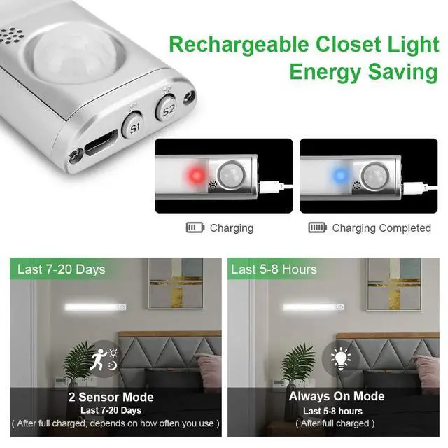 Alt view image 5 of 7 - 160 LED Closet Lights Motion Sensor Under Cabinet Lights Indoor Lighting 3000mAh Battery Powered Light Bar Dimmable Rechargeable Closet Light for Kitchen, Wardrobe, Stairs(2 Pack)