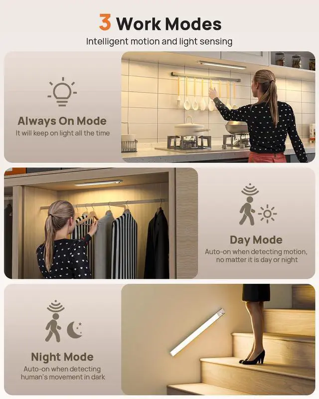 Alt view image 7 of 7 - 16in Under Cabinet Lighting with Remote, 160 LED Motion Sensor Light Indoor, 4000mAh USB Rechargeable Closet Lights Wireless, 3 Color Temps Under Counter Lights for Kitchen, Pantry, Stair, 3 Pack