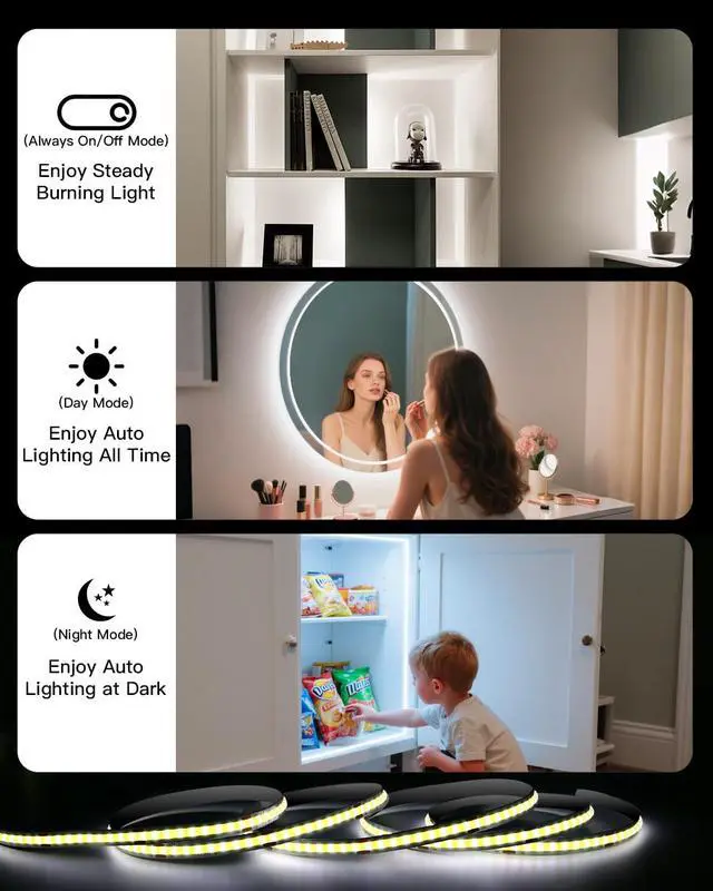 Alt view image 3 of 7 - Under Cabinet Lighting Wireless, 2 Pack 5000mAh 13FT COB Motion Sensor Led Light Strips Indoor, Rechargeable Battery Powered Motion Activated Stair Shelf Closet Cabinet Counter Led Strip Tape Lights