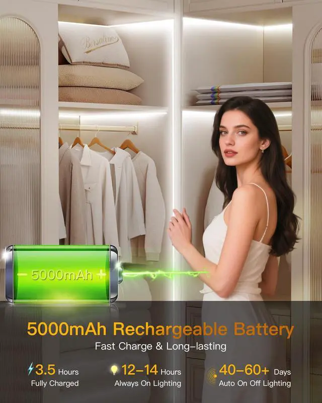 Alt view image 4 of 7 - Under Cabinet Lighting Wireless, 2 Pack 5000mAh 13FT COB Motion Sensor Led Light Strips Indoor, Rechargeable Battery Powered Motion Activated Stair Shelf Closet Cabinet Counter Led Strip Tape Lights